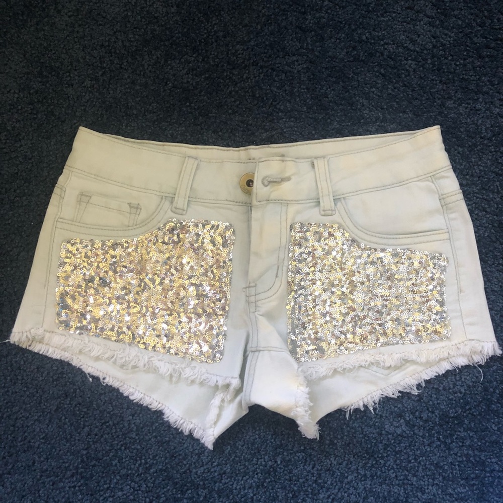 Light blue sequin jean shorts
